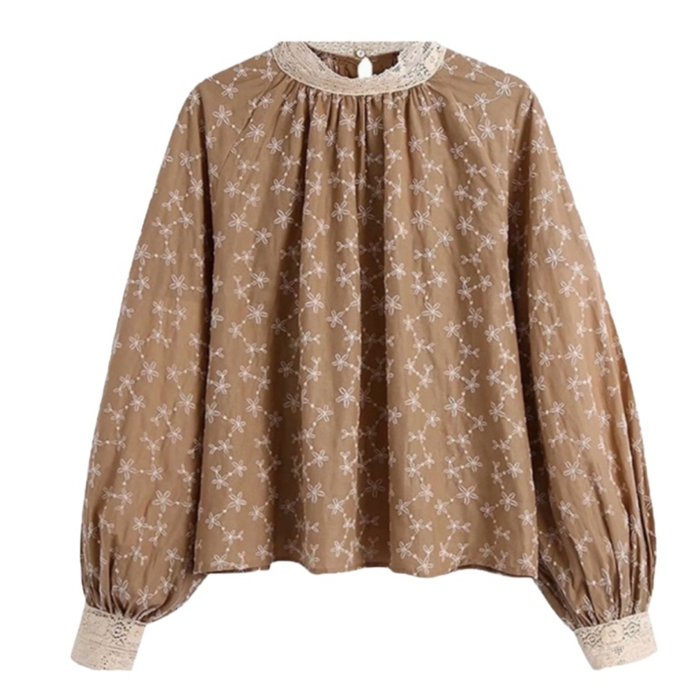 NEW Zara Beige Peasant Blouse with Balloon Sleeve Embroidered High Neck Blouse - Picture 4 of 8